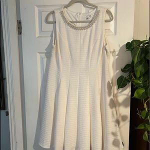 White Mid-Length Dress with Beaded/Pearl Collar